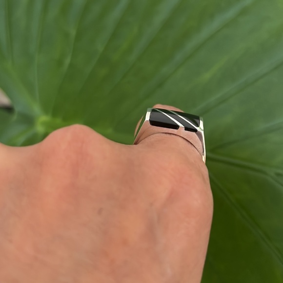 Sterling Silver Men Black Onyx Ring Deco Signet Ring - Picture 6 of 15